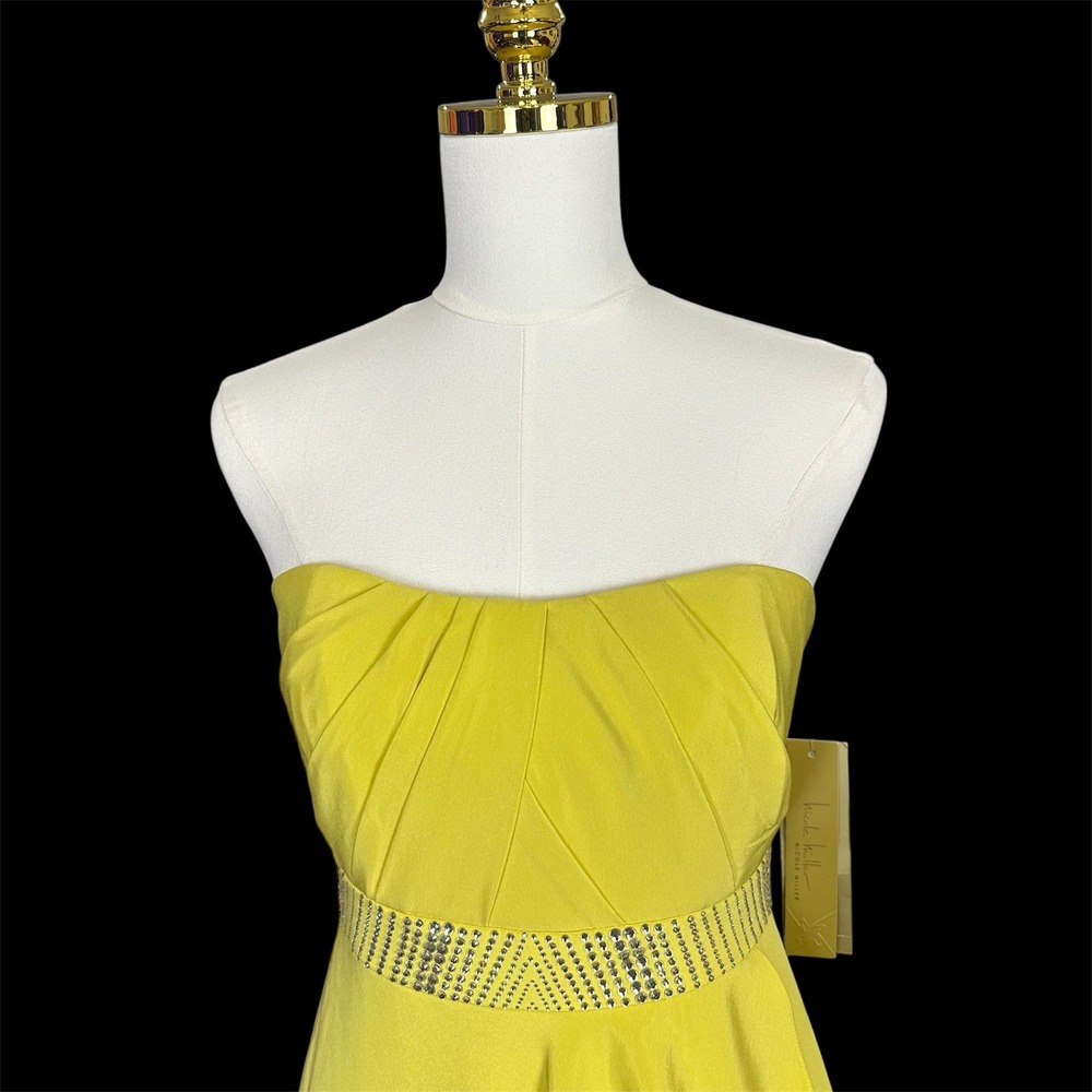 Nicole‎ Miller Yellow Strapless Embellished Waist Ruffle Evening Gown Maxi Dress - Picture 9 of 13